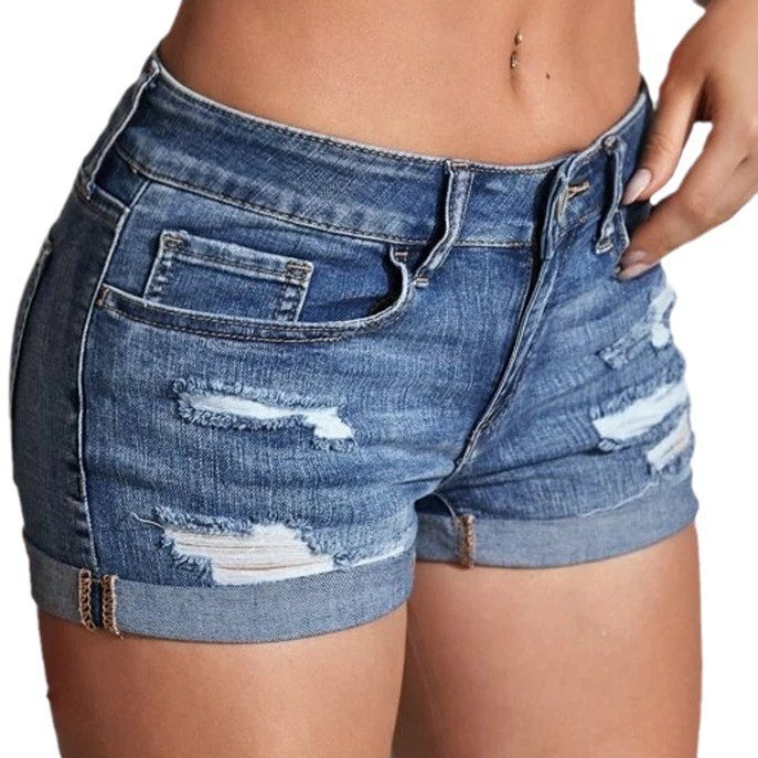 Skinny Jeans Ripped - High Waist Washed Denim Shorts Distressed