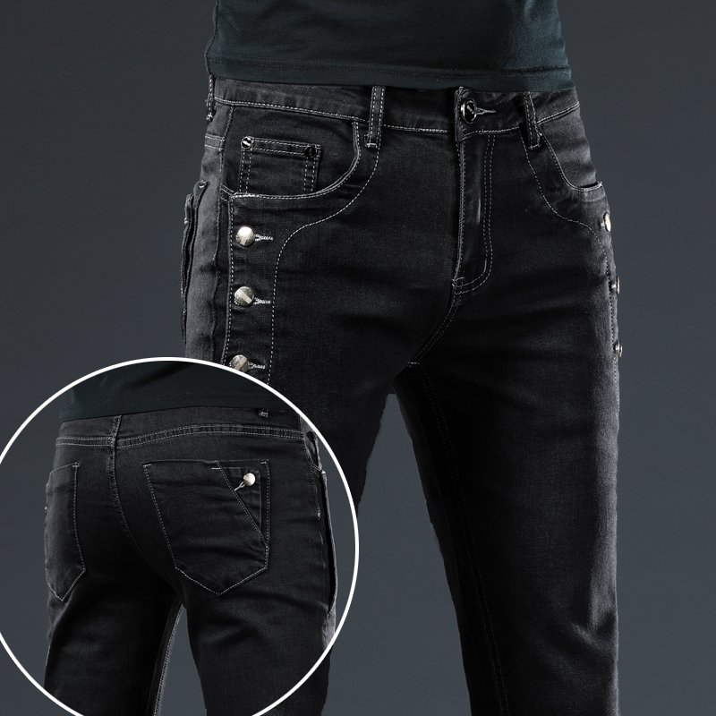 Skinny Jeans Ripped - New Men Slim Button Black Skinny