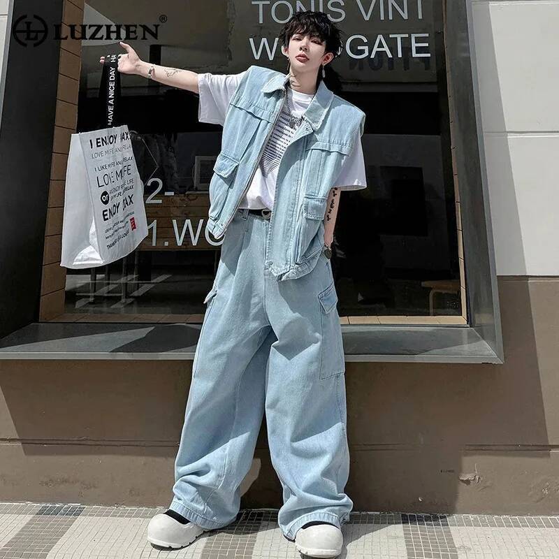 Men'S Fashion Vest With Jeans - LUZHEN 2026 Summer Solid Color Multi-pocket