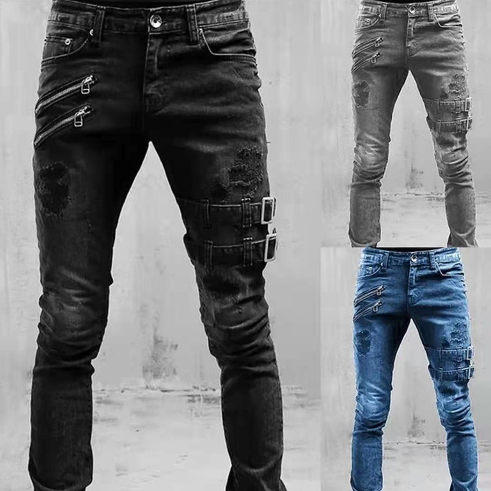 Retro Moto Biker Straight Elas - Skinny Jeans Ripped ulasan dan harga