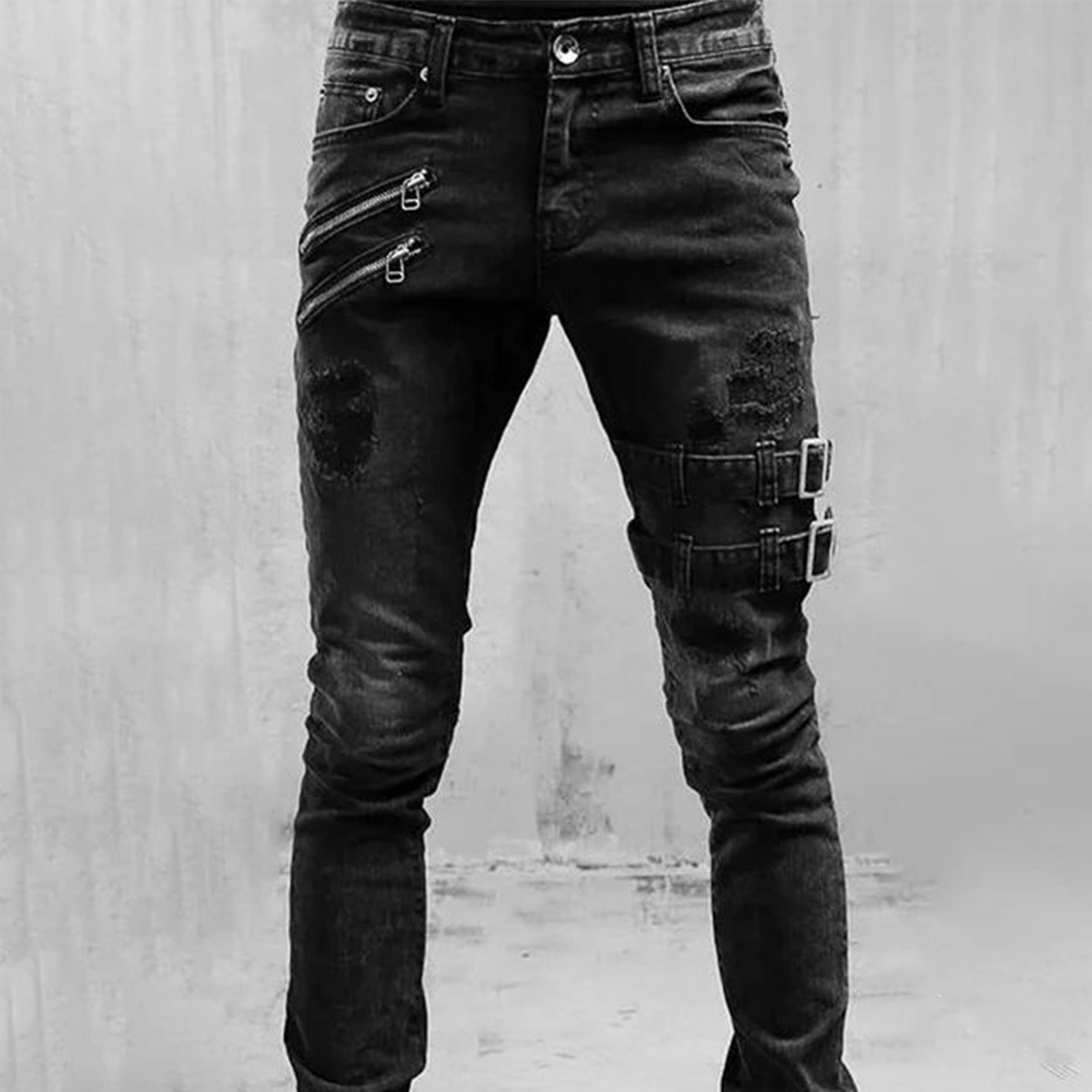 Retro Moto Biker Straight Elas - Skinny Jeans Ripped ulasan dan harga