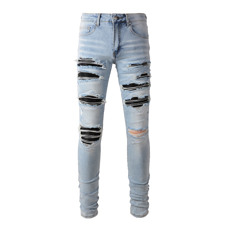 Men Black Pleated Patch Biker  - Skinny Jeans Ripped ulasan dan harga